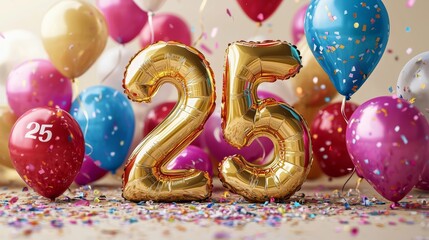 Festive 25th Anniversary Celebration with Golden Number Balloons, Colorful Balloons, and Confetti on a Neutral Background, Perfect for Party Invitations