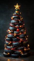 Creative Christmas Tree Made of Car Tires, Decorated with Lights, Red Beads, and a Star Topper on a Dark Textured Background
