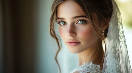 Close-up Portrait of a Beautiful Young Bride with Green Eyes Wearing a Lace Veil and Wedding Dress, Natural Light