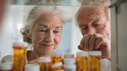 Senior couple sorting medications on shelf at home together. Elderly pair organizing medicine bottles in cabinet indoors. Mature retirees categorizing prescriptions systematically.