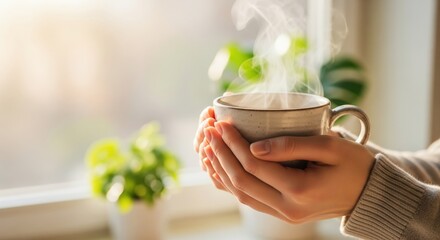 Hands Holding Steaming Herbal Tea Cup