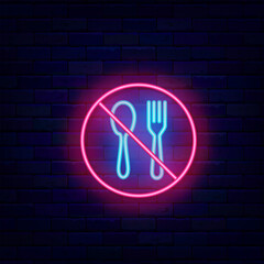 Prohibition sign with fork and spoon neon badge. Cannot emblem. No dinner. Charity and free food for homeless. Dinner or iftar. Glowing banner. Editable stroke. Vector stock illustration