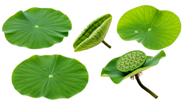 Beautiful Green Lotus Leaves and Seed Pod Collection Isolated on Black Background