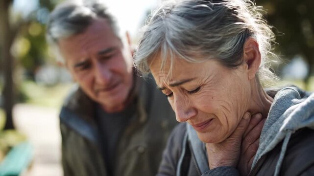 Senior woman suffering severe sore throat with breathing difficulty. Elderly female experiencing painful throat and respiratory problems indoors. Mature retiree struggling to breathe at home.