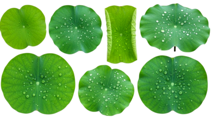 Fresh Green Lotus Leaves Collection with Water Droplets on Black Background