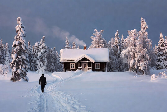 Winter scene of a person walking towards a cozy cabin in a snowy landscape at dusk with smoke rising from the chimney