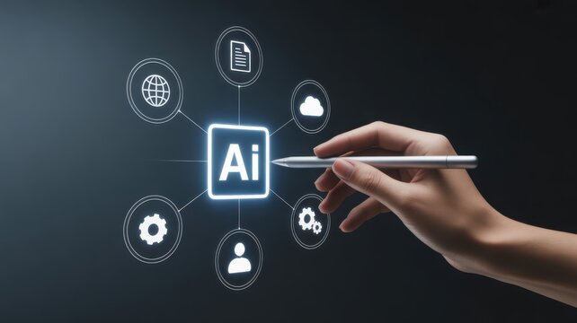 The hand-held pen interacting with artificial intelligence concepts, surrounded by interconnected icons representing various digital elements.