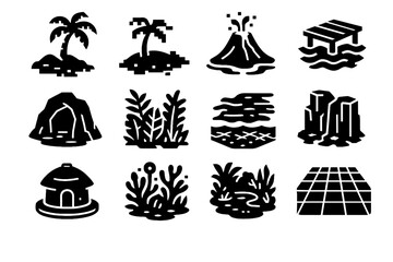Fototapeta premium Virtual vector cyber jungle tree holographic dock beach palm icon island