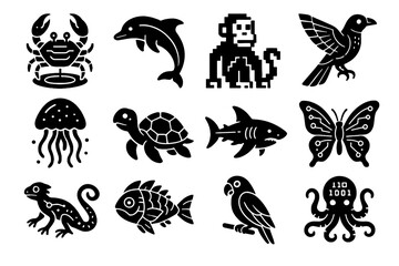 Naklejka premium Data virtual digital vector crab icons neon wildlife holographic fish icon parrot