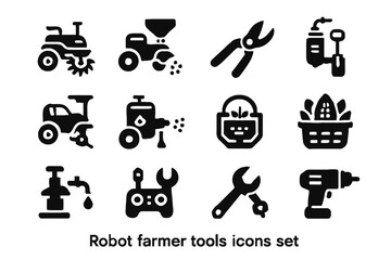Obraz premium Farmer sprayer tools sensor maintenance robot soil spreader water pruning vector icon
