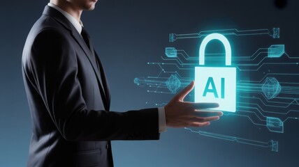 A person in a suit is holding a glowing padlock, symbolizing security in the digital age, with AI letters