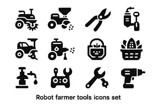 Farmer sprayer tools sensor maintenance robot soil spreader water pruning vector icon