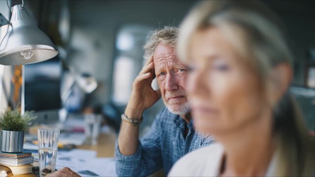 Senior man suffering headache after working day at computer. Elderly male experiencing head pain from screen time. Mature retiree with migraine after desk work. - Powered by Adobe