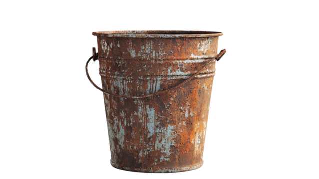 PNG of Rusty metal bucket with a weathered surface, showcasing texture and character.