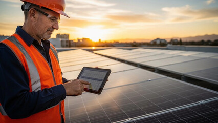 Solar panel technician checks data at sunset on rooftop solar system installation in a city