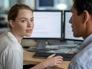 Pair programming and code review — candid close-up of young woman and male colleague at dual monitors in modern office, mentoring, copy space
