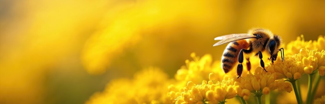Honeybee collects nectar from bright yellow flowers in a sunny garden. Insect works on blossoming plants in nature. Bee pollinates yellow flowers close up.