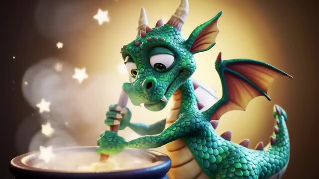 Adorable green dragon stirring a magical cauldron with whimsical effects in fantasy animation. cute fantasy creature, magic potion brewing, enchanting adventure story.