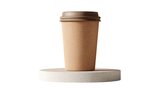 PNG of A stylish, eco-friendly disposable coffee cup on a stone pedestal, showcasing minimalist design and earthy tones.