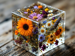 A clear glass box filled with a variety of flowers, including sunflowers