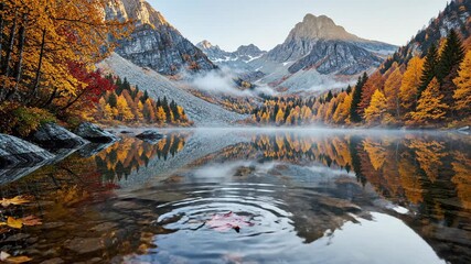 Serene mountain lake reflection vivid autumn forest calm water surface - Powered by Adobe