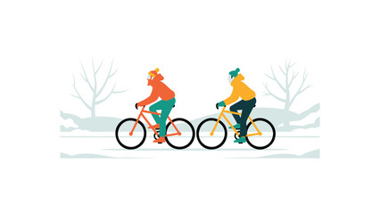 Two people in warm winter clothing riding bicycles side by side through a snowy tree lined landscape