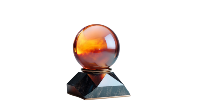 PNG of A mystical crystal ball on a polished black pedestal, glowing with warm orange and red hues, evoking a sense of magic.