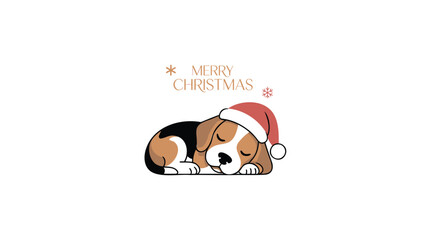 Adorable sleeping beagle puppy wearing a santa hat and wishing merry christmas with festive stars