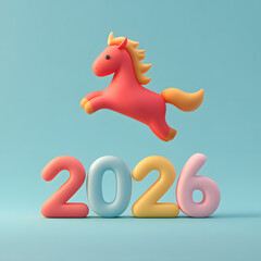 Colorful toy horse jumping over pastel numbers for year 2026