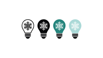 Four stylized light bulbs with snowflake patterns inside representing winter and holiday illumination and decoration concepts