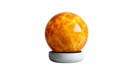 PNG of A vibrant orange glowing sphere with fiery patterns, resting on a simple white base, creates a captivating visual effect.