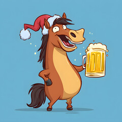 Cartoon horse wearing Santa hat joyfully holds beer on blue background