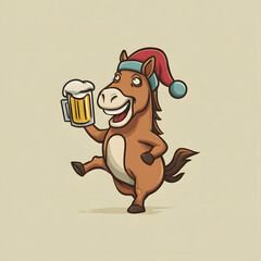 Cheerful horse wearing a festive hat holding a beer mug