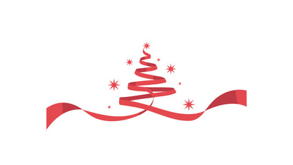 Festive red ribbon twirling into a stylized christmas tree shape with sparkling stars and confetti
