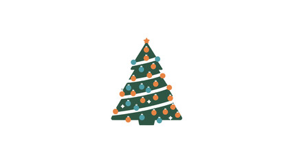 A festive green christmas tree decorated with colorful lights and white garland on a plain white background