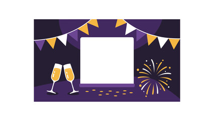 Festive celebration scene with champagne glasses fireworks and blank space for text and images