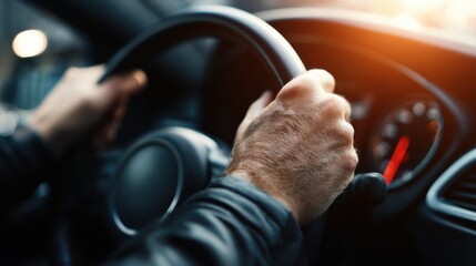 Naklejka premium Driver hands on steering wheel at sunset