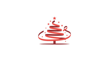 Stylized red ribbon christmas tree with sparkling lights and star on a white background