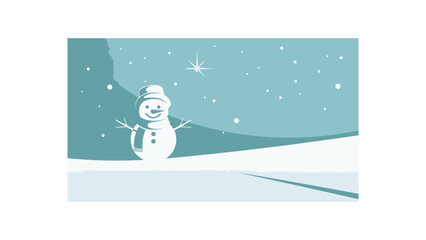 A cheerful cartoon snowman stands in a snowy landscape with falling snowflakes and a soft green background