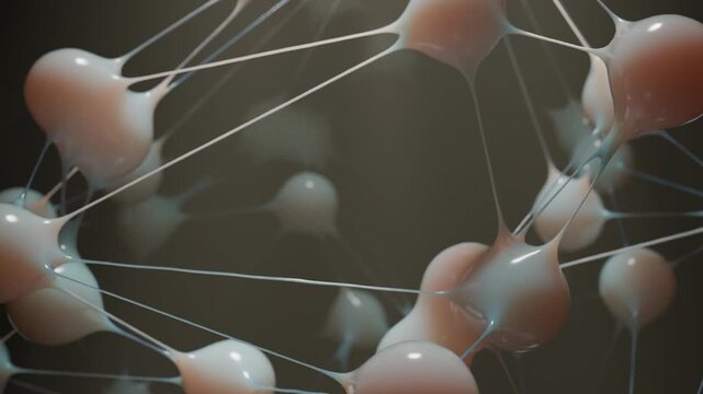 Abstract animation of glowing spheres connected by soft tentacle-like strands, moving organically in a foggy subsurface environment. Smooth motion, atmospheric glow, and modern plexus-style design