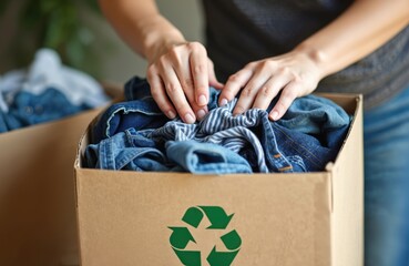 Person places old denim, fabric clothes into cardboard box. Box green recycle symbol. Action supports charitable donations, textile reuse, sustainable living practices. Helps declutter home, aids in