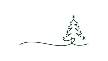 Minimalist hand drawn single line art christmas tree with stars and flowing branch on white background