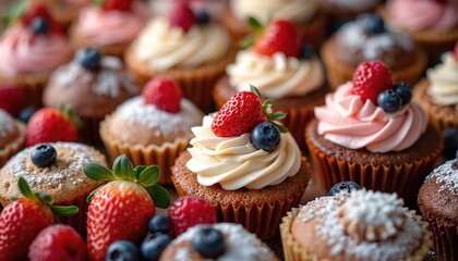 Assorted cupcakes with fresh berries, creamy frosting displayed attractively. Tiny cakes with sweet toppings look delicious. Perfect for celebrations, parties, baking business promotions. Enjoy
