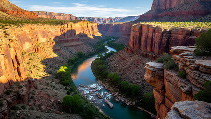 Scenic aerial view of the colorado river winding through the massive, sunlit red rock canyon walls of the grand canyon