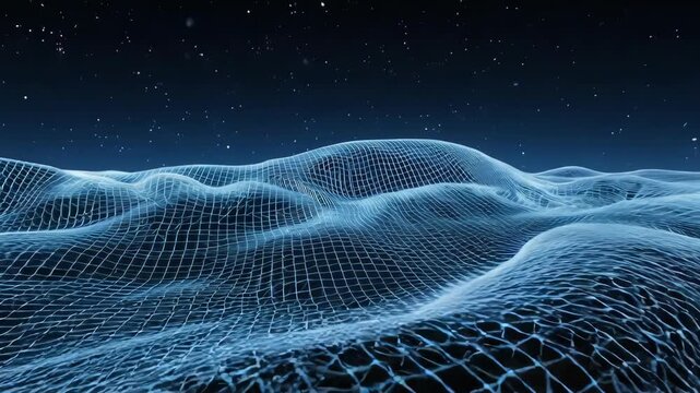 Futuristic blue wireframe landscape with undulating waves against a starry background