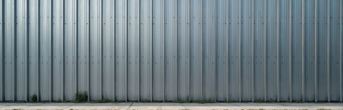 Corrugated metal wall texture with vertical seams creating repeating pattern. Concrete sidewalk runs along base with sparse green plants growing nearby. Industrial surface offers clean, modern