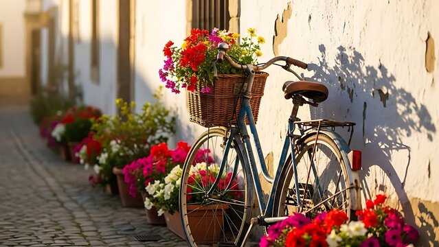 Charming Vintage Bicycle Adorned With Colorful Flowers Leaning Against Whitewashed Wall In Quaint European Village a Picturesque Scene With Pots of Flowers - Powered by Adobe