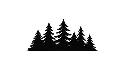 Silhouette of a dense forest of evergreen pine trees against a stark white background creating a minimalist natural landscape
