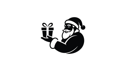 Classic silhouette of santa claus holding a wrapped gift box with a bow on a white background