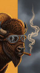 Naklejka premium Illustration of Cool Bison Wearing Aviator Goggles and Smoking Cigar
